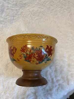 Vintage FTD Yellow Gold With Flowers Ceramic Bowl Vase With Wood Pedestal • $6.99