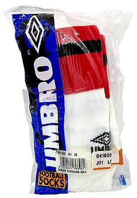 Umbro Stripe Turnover Football Socks White Red Brand New Size LB (2-7) X 2 Pairs • £8.77