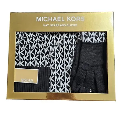 SET MICHAEL KORS 3-Piece Gold Box Scarf  Hat Gloves MK LOGO Gold Black Cream $98 • $48.78
