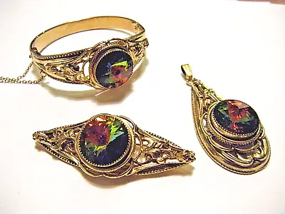 Vintage Whiting Davis Gold Watermelon Rivoli Rhinestone Necklace Earring Pin Set • $125