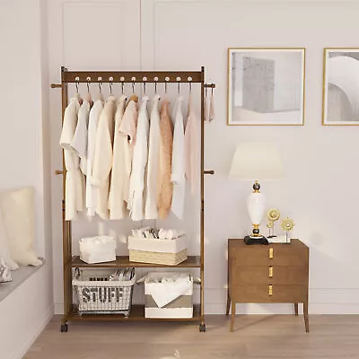 £56.92 • Buy Wooden Clothes Rail Handbag Hanging Garment Rolling Stand With 2 Tiers Shoe Rack