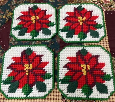 4 Drink Coasters Hand-Made Plastic Canvas~Yarn Christmas Poinsettias • $15.88