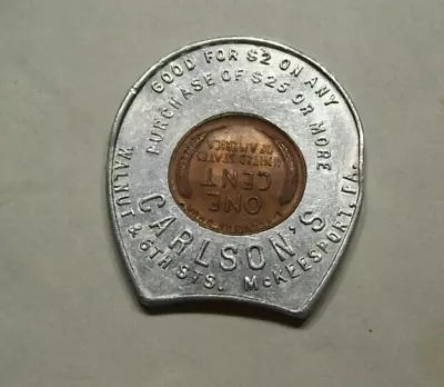 1946 Penny Good Luck Token CARLSON'S MCKEESPORT PA Walnut & 6th St Horseshoe  • $9.50
