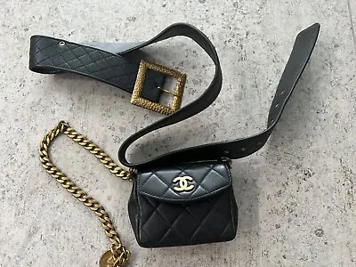 VINTAGE CHANEL Quilted CC Logos BUM Belt Bag Pouch Purse Black Leather • $2450