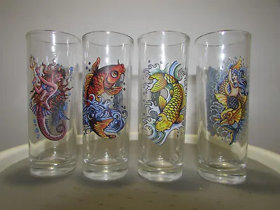 Ed Hardy MERMAIDS & KOi FISH Tall Shooter Glasses Christian Audigier Set Of 4 • $25