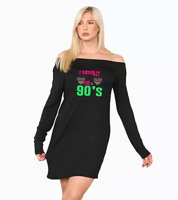 Ladies I Love 90s Off Shoulder Mini Dress Short Sleeve Sexy Hen Party Dress Top • £9.99