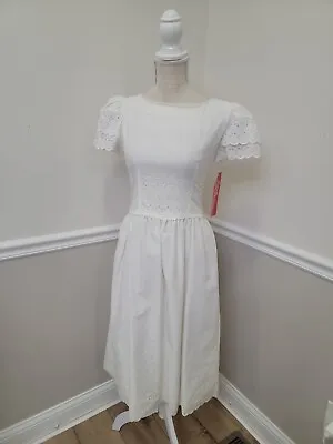 VTG 70's Lanz Originals White Eyelet Tea Length Dress Petites 4 NWT • $45