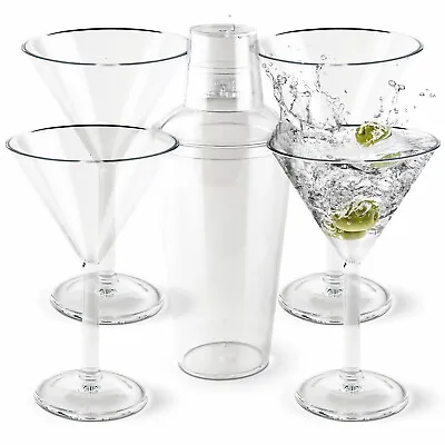 Shatterproof Acrylic Set Of 4 10 Oz Martini Glasses W/ 28 Oz Cocktail Shaker • $16.99