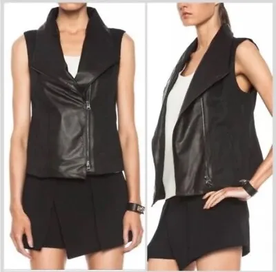 VINCE Black Leather & Linen Asymmetric Zip Cropped Moto Vest Size Small • £77.84