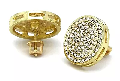 Mens Large 14K Gold Plated Iced Micro Pave CZ Round Screw Back Earrings 20mm • $11.99