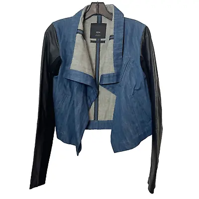 VEDA Draped Moto Jacket Womens Small Blue Leather Long Sleeve Wool Blend Denim • $50.40