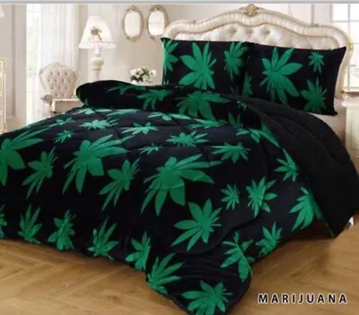 New Cal King Marijuana Weed Pot Leaves Design 3pc Plush Sherpa Blanket Set • $59.99