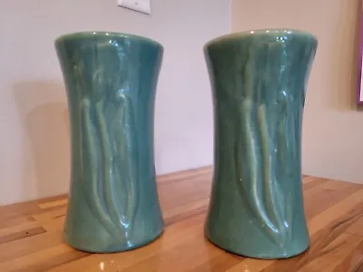 $45 • Buy Pair Of Vintage Zanesville Stoneware Raised Flower  Vases 8.5  Tall 4.75  Wide