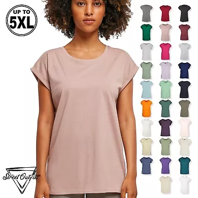 Womens Extended Shoulder T-Shirt Long Cut Top Wide Round Neck Tee Sports Yoga • £7.91