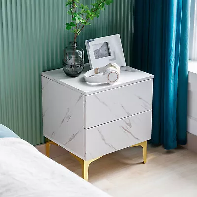 Modern White Marble Print Nightstand Side End Table Bedroom With 2 Drawers • $69.99