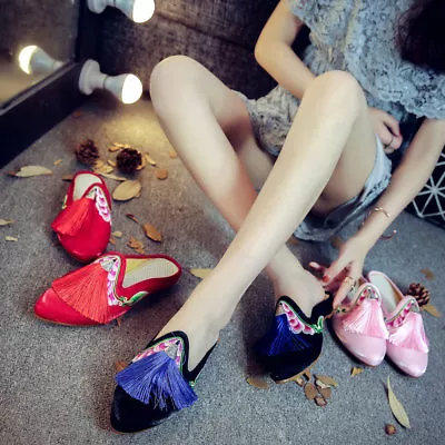 £21.59 • Buy Chinese Embroidered Womens Shoes Home Ladies Casual Slippers Flats Tassels Opera