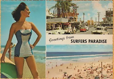 Surfers Paradise Gold Coast Qld 3 Scenes Incl Beach Girl Kruger Postcard • $9.95
