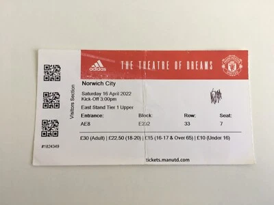 £2.99 • Buy MANCHESTER UNITED V NORWICH CITY 16th April 2022 MATCH TICKET RONALDO HAT-TRICK
