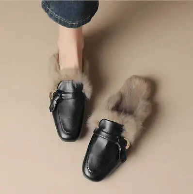 Women's Leather Rabbit Fur Lined Backless Loafers Mules Closed Shoes Slip On • $81.44