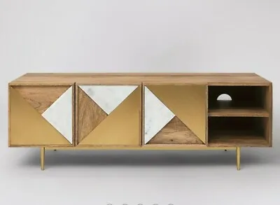 Ex-display Swoon Hermes TV Stand Natural Mango Wood White Marble & Brass • £350