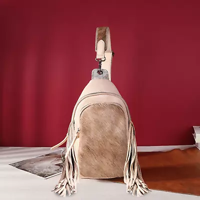 MONTANA WEST Genuine Hair-On Cowhide Fringe Sling Bag Tan • $59.99