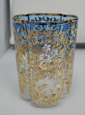 Antique Moser Glass Hand Painted Gold & Enamel 3 7/8  Quatrefoil Blue Tumbler • $395