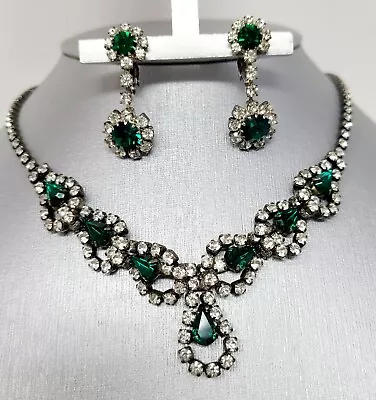 Vintage Emerald Rhinestones Necklace & Earrings Set • $145