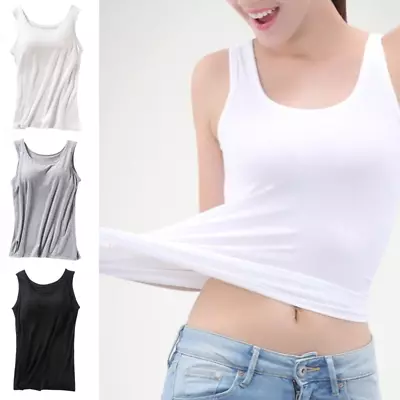 Ladies Camisole Tops With Built In Bra Women Vest Padded Slim Tank Tops Soft NEW • £7.48