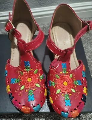 Red Mexican Flower Embroidered Wedge Shoes NWOB • $29.99