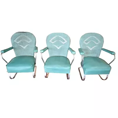 Kem Weber For Lloyd  Machine Age Chrome & Wicker Springer Lounge Chairs • $5000