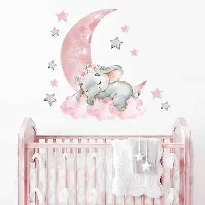 Cartoon Pink Baby Elephant Wall Stickers Decals Baby Nursery Girl Room Decor • $13.99