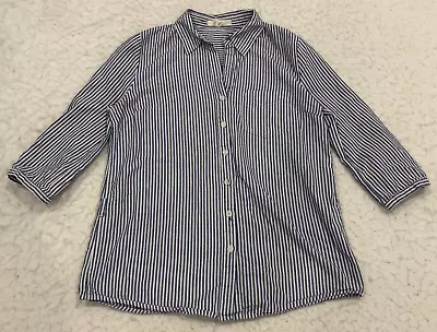 XAI Womens Blouse Size M Blue White Striped Button-Up 3/4 Roll Tab Sleeves • $13.49