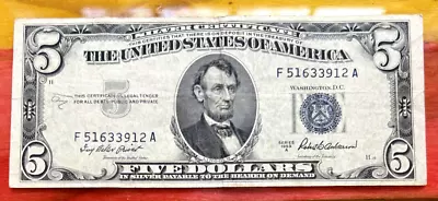 1953 $5 Silver Certificate Five Dollar Bill Blue Free Shipping • $14.95