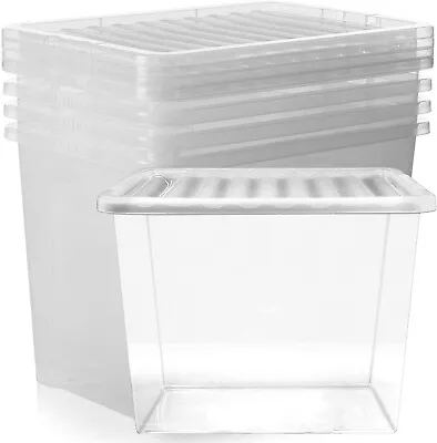 5 X 80L (80 Litres) XL Plastic Clear  Home & Office Storage Boxes With Lids • £48.99