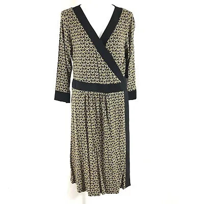 Melissa Masse True Wrap Dress Printed 3/4 Sleeve Yellow Black Stretch Size XL • $16.99