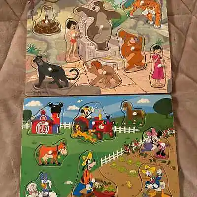 Lot Of 2 Melissa & Doug Disney Mickey Mouse & Jungle Book Wooden Pegged Puzzles • $15.89