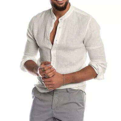 Men Linen Cotton Comfort Blend Casual Button Front Down Shirt Top Summer Beach • $13.99