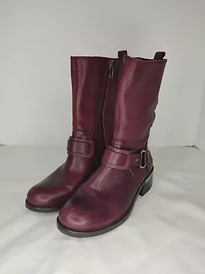 Vince Camuto Wellery Burgundy Leather Zip Buckle Mid Calf Boot Size 7M • $39.99