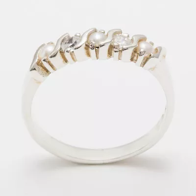 Solid 925 Sterling Silver Pearl & Diamond Womens Eternity Ring - Sizes 4 To 12 • $309