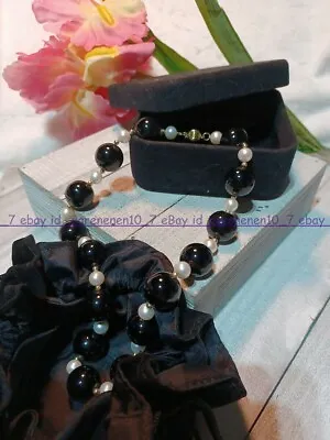 Fashion Vintage 16mm Black Onyx 7-8mm Real White Pearl Necklace 18in AAA+ Z3048 • $18.99