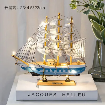 Wooden Sailboat With Lamp Crafts Boat Gift Ship Model Desktop Decor Miniatures • $15.68