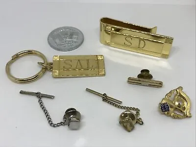 Men’s Misc Vintage Jewelry Lot Pins Money Clip Keychain Coin Tie Tacks 7 Pieces • $11.64