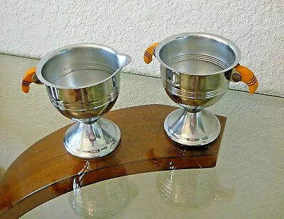 Vintage Chrome Creamer Pitcher & Sugar Bowl Set Bakelite Silver Color Free Ship • $25