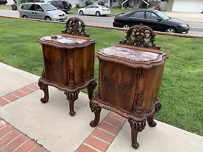 Vintage Italian Carved Wood Pair Of Nightstands Figured Walnut ?   Marble Top • $2850