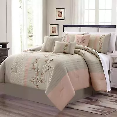 7-Piece Blush Taupe Embroidered Floral Cherry Blossom Striped Comforter Set • $96.99