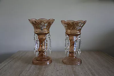 Pair Of Antique Mantle Lusters Of Pink Luster Hand Painted Glass W Prisms (45) • $499