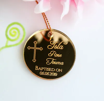 Christening Baptism Mirror Gold Acrylic Round Tags Bomboniere Favours Engraved • $219.95