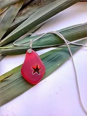 Hand Carved Starfish Red Sea Glass Pendant Silver Necklace 18  • $13.99