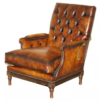 Restored Chesterfield Tufted Hand Dyed Brown Leather Library Recliner Armchair • $3637.79