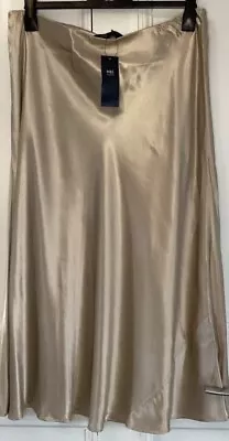 Marks And Spencer Satin Midi Slip Skirt Elastic Waist Gold Size 18 Regular Bnwt • £14